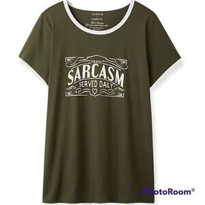 00X Medium 10W Torrid Olive Green Sarcasm Served Daily Ringer Tee Funny Gift